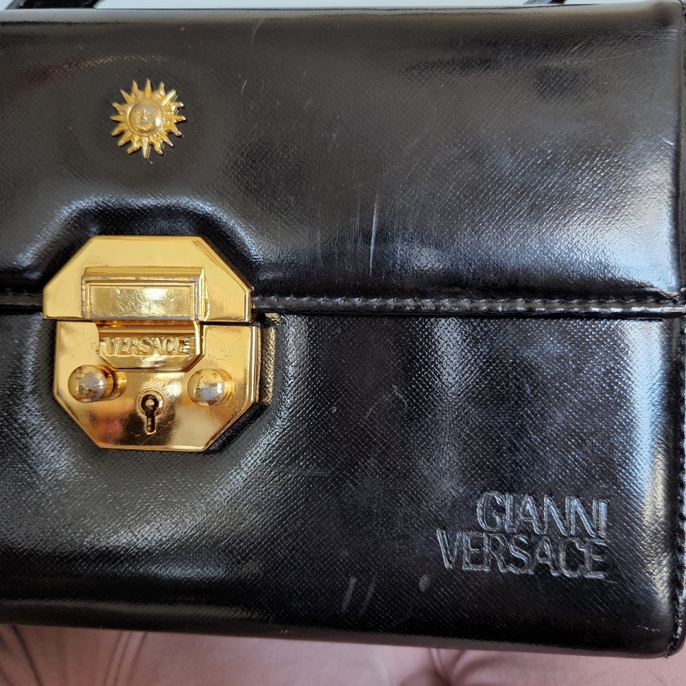 Vintage GIANNI VERSACE Sunburst Motif Hand Bag Leather Black - Picture 6 of 10